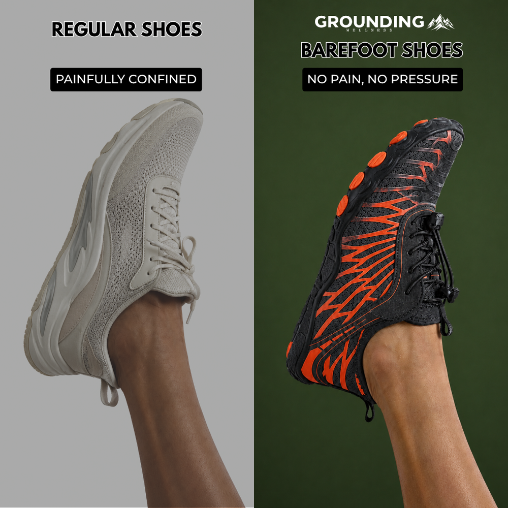 Regular shoes compared with grounding barefoot shoes